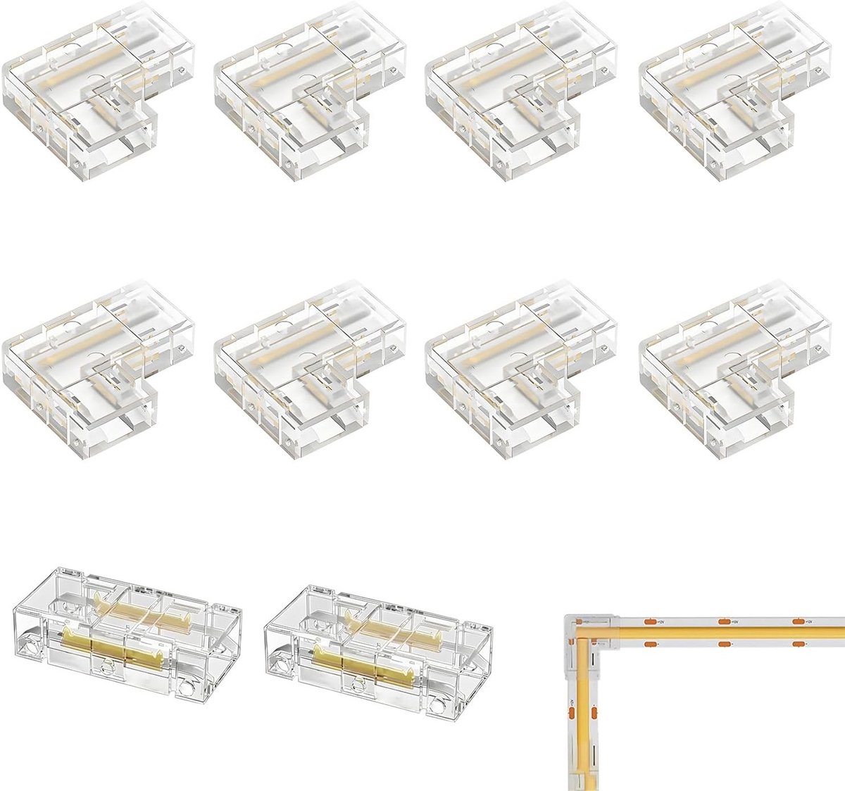 Seamless Hoekverbinders voor LED Strips - Transparante Connectoren zonder Ruimte, 10 Stuks, Inclusief Centrale en L-Connectoren voor Eenvoudige Stripverbindingen