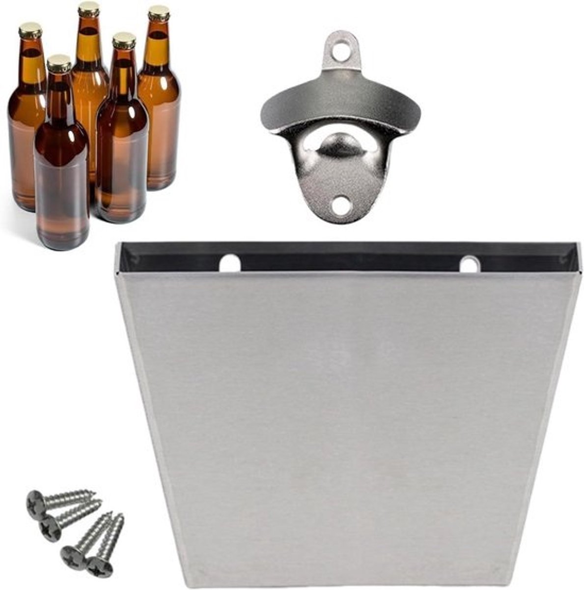 Wandflesopener met Dopvanger - Bieropener Bar Tool - Keuken Organiseren - Magnetische Dop Opvang - 14x9.5 cm - Zilver