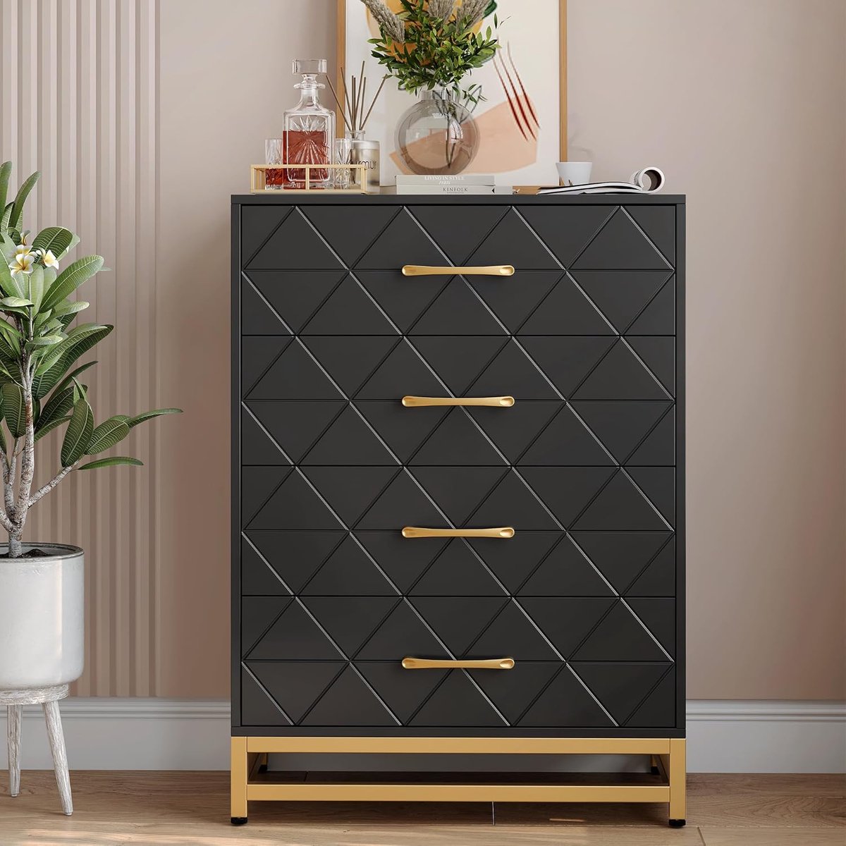 Ladekast met 4 Laden - Moderne Commode - Zwart met Gouden Handgrepen - Nachtkastje & Opbergkast voor Slaapkamer & Woonkamer - Elegant Design