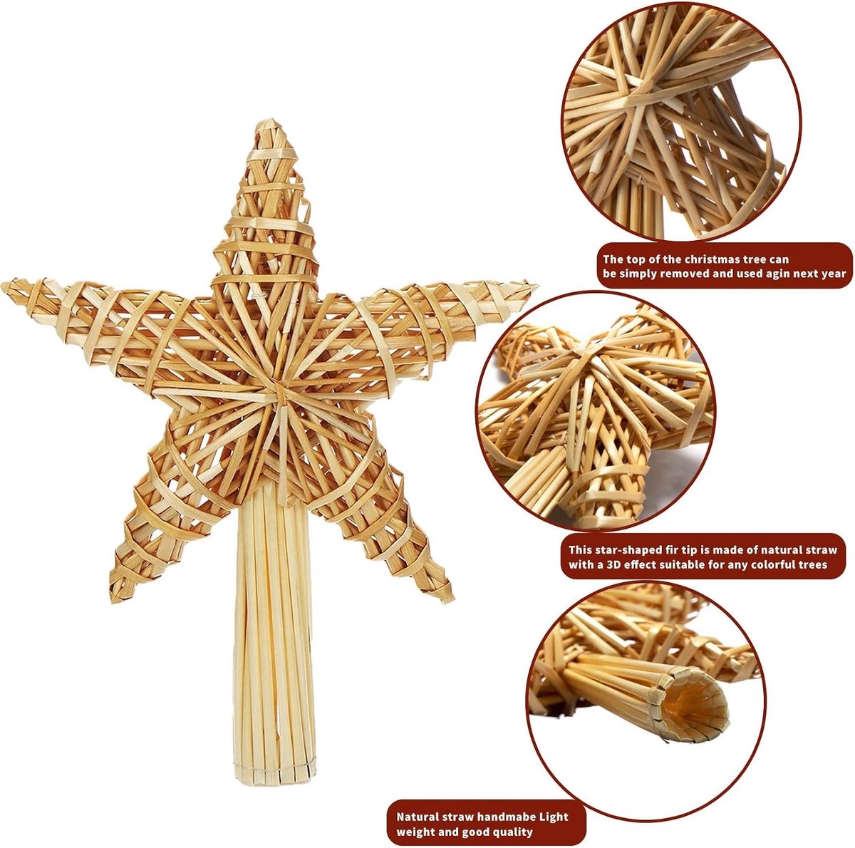 Grote Stro Ster voor de Top van de Kerstboom, Handgemaakte Kerstboomdecoratie, Perfect voor Elke Grootte Kerstboom, Feestelijke Versiering voor de Kerstperiode – foto 2