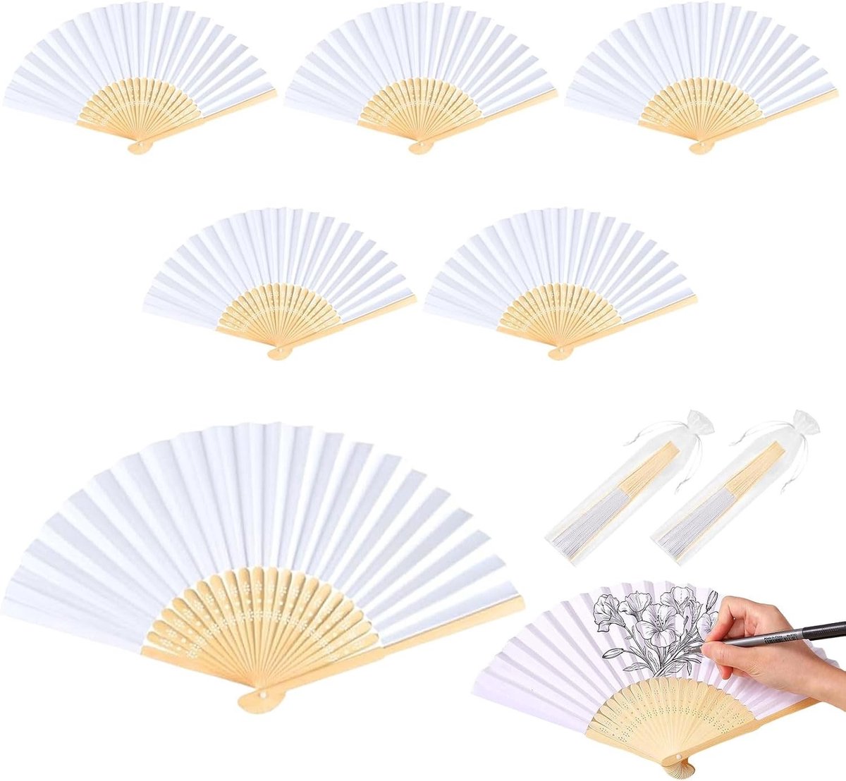 Witte Papieren Vfans voor Bruiloften - Set van 6 Handfans met DIY Ontwerp voor Feesten en Evenementen