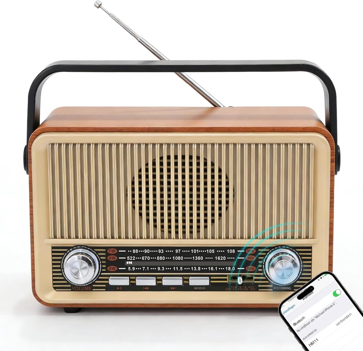 longziming - Retro Radio met Bluetooth - Draagbare Kofferradio op Batterijen of met Netsnoer - Nostalgische Keukenradio met 1000 mAh Accu - Ondersteuning voor USB, TF en AUX - Draagbare Retro Radio voor Thuis en Senioren