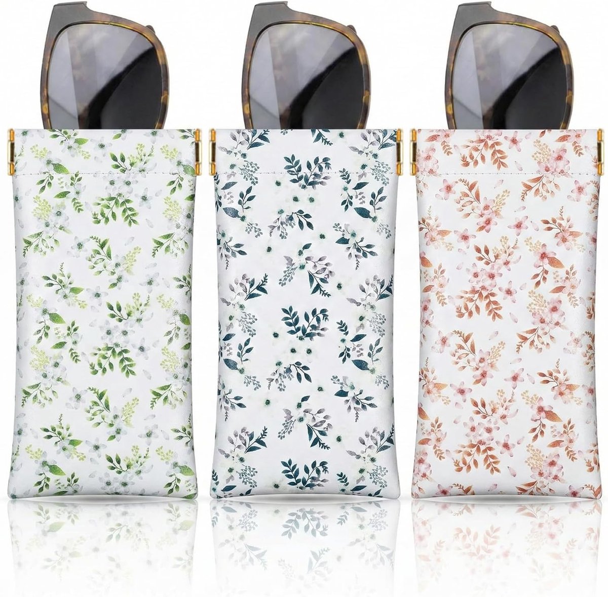 Zachte brillenkoker set van 3, draagbare etui voor zonnebrillen en accessoires, bloemenpatroon, perfect voor sleutels en kabels
