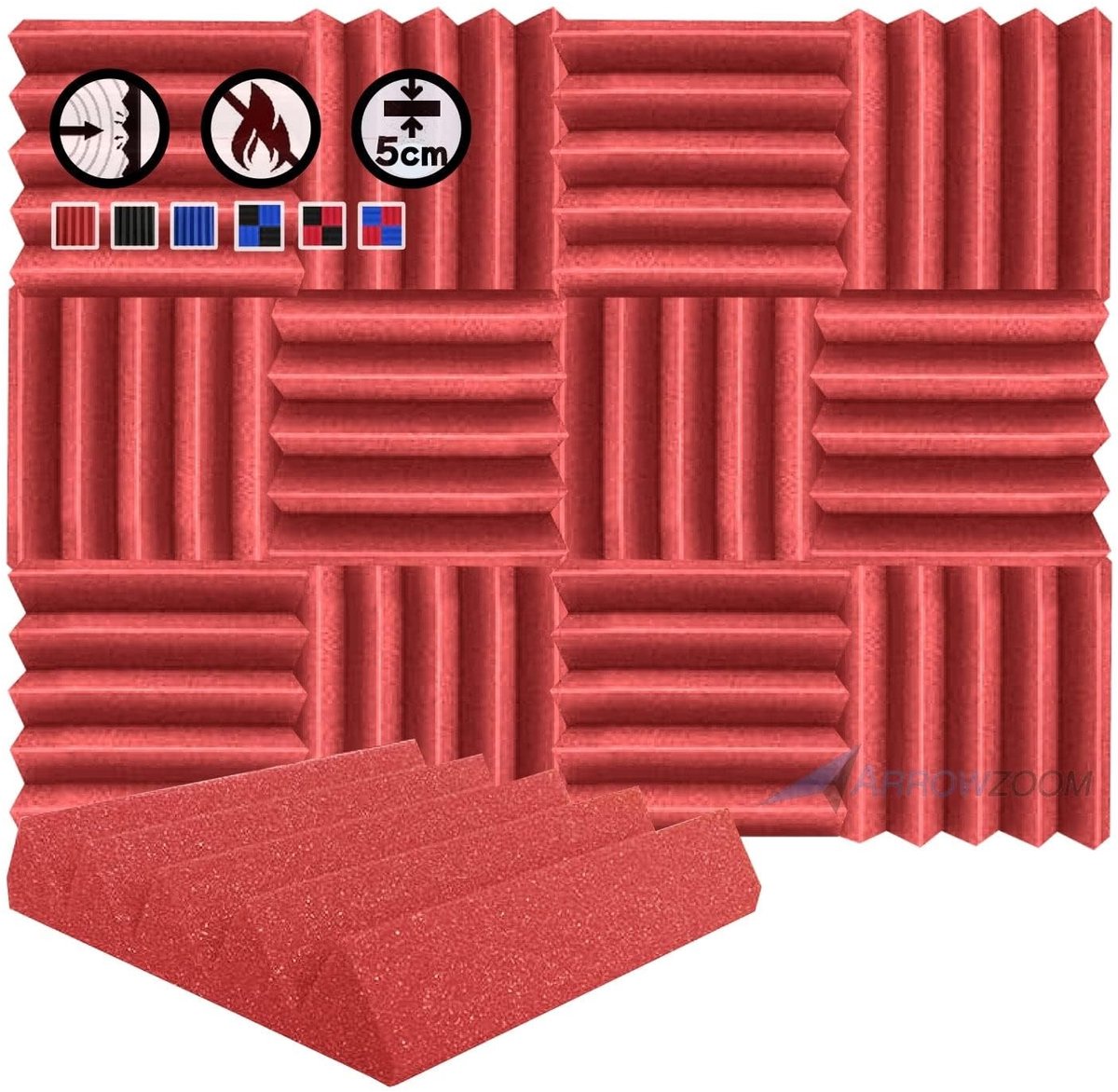 Akoestische Panelen - Geluidabsorberend en vlamvertragend - Rood 25 x 25 x 5 cm - 12 stuks