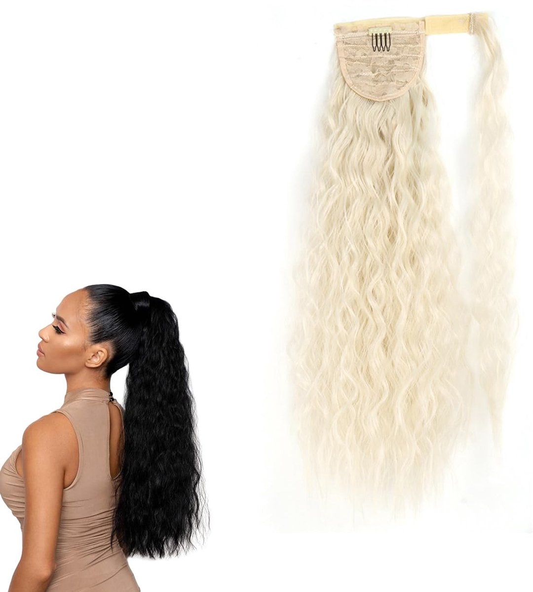 Clip-In Synthetische Haarextensions - Lange Golvende Krullen - Wit Blond