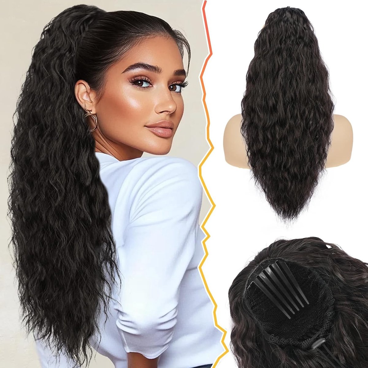 22" Ponytail Extensions met Drawstring, Golvende Krullende Synthetische Clip-in Haarstuk voor Dikke Donkerbruine Ponytail, Ideaal voor Bohemian Stijl en Feestjes