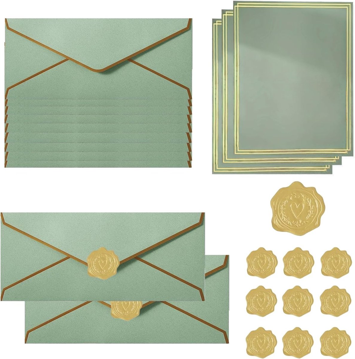 10 Enveloppen en 12 Vellen Briefpapier met Gouden Stickers, V-Flap Enveloppen in Sage Green, Perfect voor Briefwisseling en Creatieve Projecten