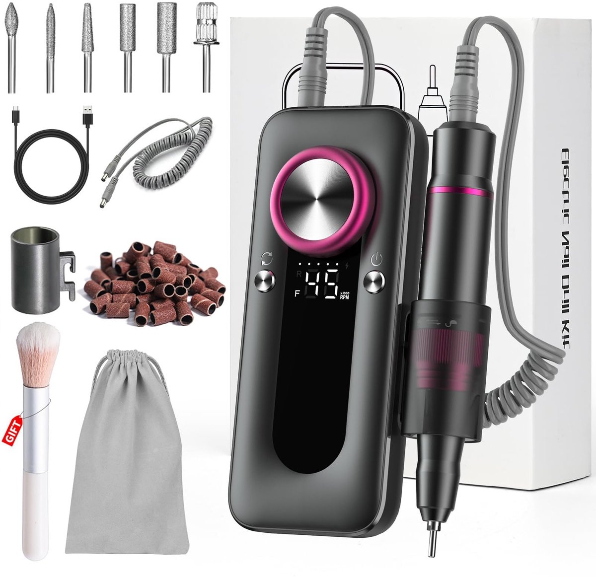 Elektrische Nagelfrees 45.000 RPM – Draadloos – 4000 mAh – LCD Display – 7 Bits + 30 Schuurbandjes