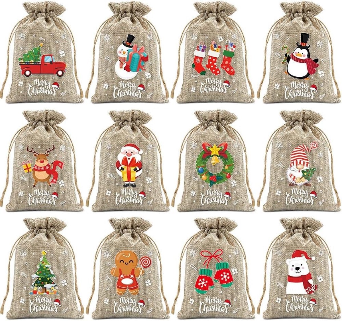 12 Stuks Jute Tassen voor Kerst, Herbruikbare Jute Tassen, Duurzame Cadeautassen en Decoratie