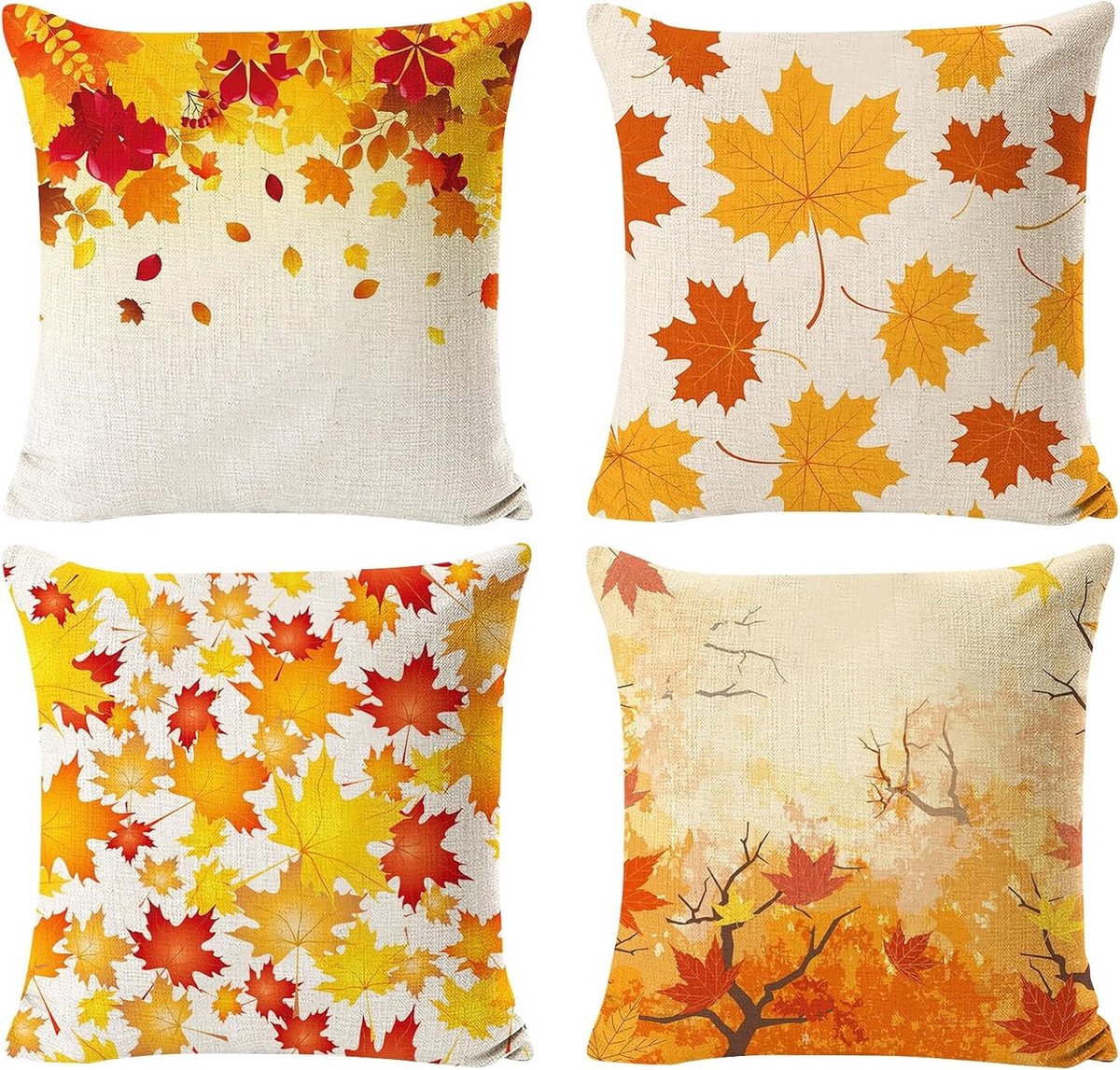 Herfst Kussenhoezen Set van 4 Stuks met Esdoornbladeren 45 x 45 cm Decoratieve Kussens voor Woonkamer en Slaapkamer, Perfect voor het Oogstseizoen en Herfstdecoratie