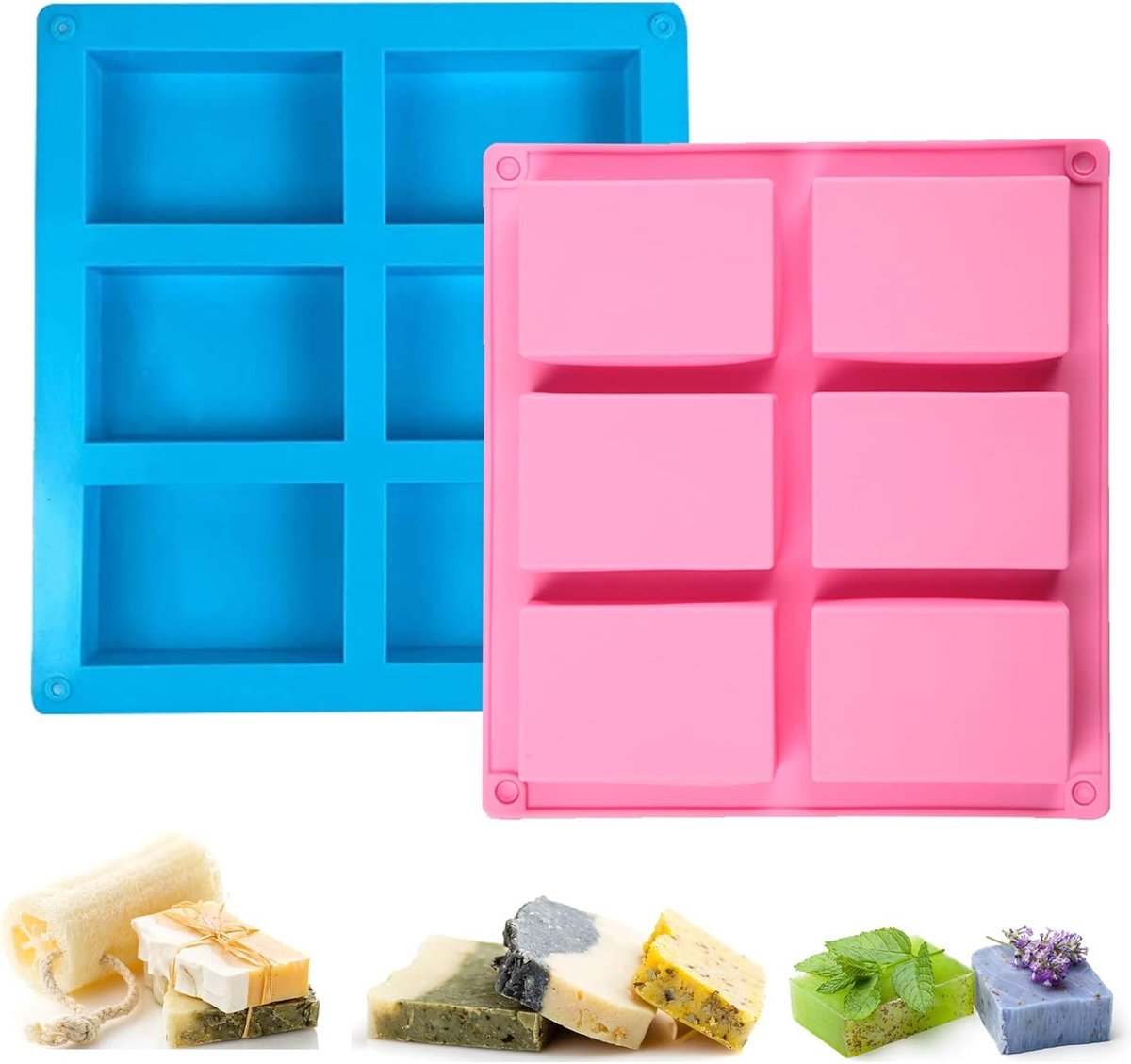 Siliconen Zeepvormen Set van 2 Stuks, Rechthoekige Mallen voor Handgemaakte Zeep, Chocolade en Cupcakes, 6-Caviteiten voor DIY Creaties en Ambachten