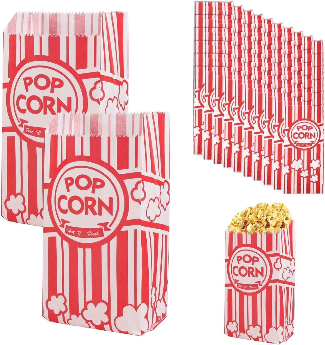 Set van 50 Retro Popcornzakjes 18 x 9 cm, Oliegecoat Papier, Ideaal voor Feestjes, Bioscoop en Carnaval