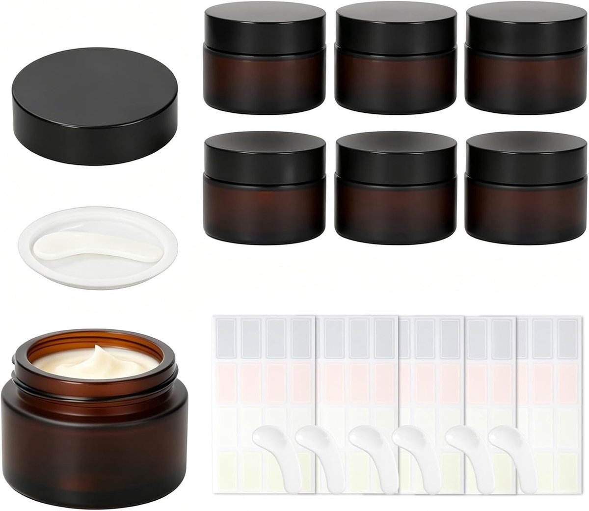 Set van 6 Amber Glazen Potjes van 30 ml, Bruine Crème Potjes met Spatel en Stickers, UV Bescherming voor Cosmetica, Toiletzout en Reizen