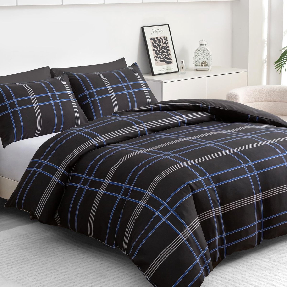 Microfiber Beddengoedset met Rits - Zwart/Blauw/Wit, 135 x 200 cm + 80 x 80 cm