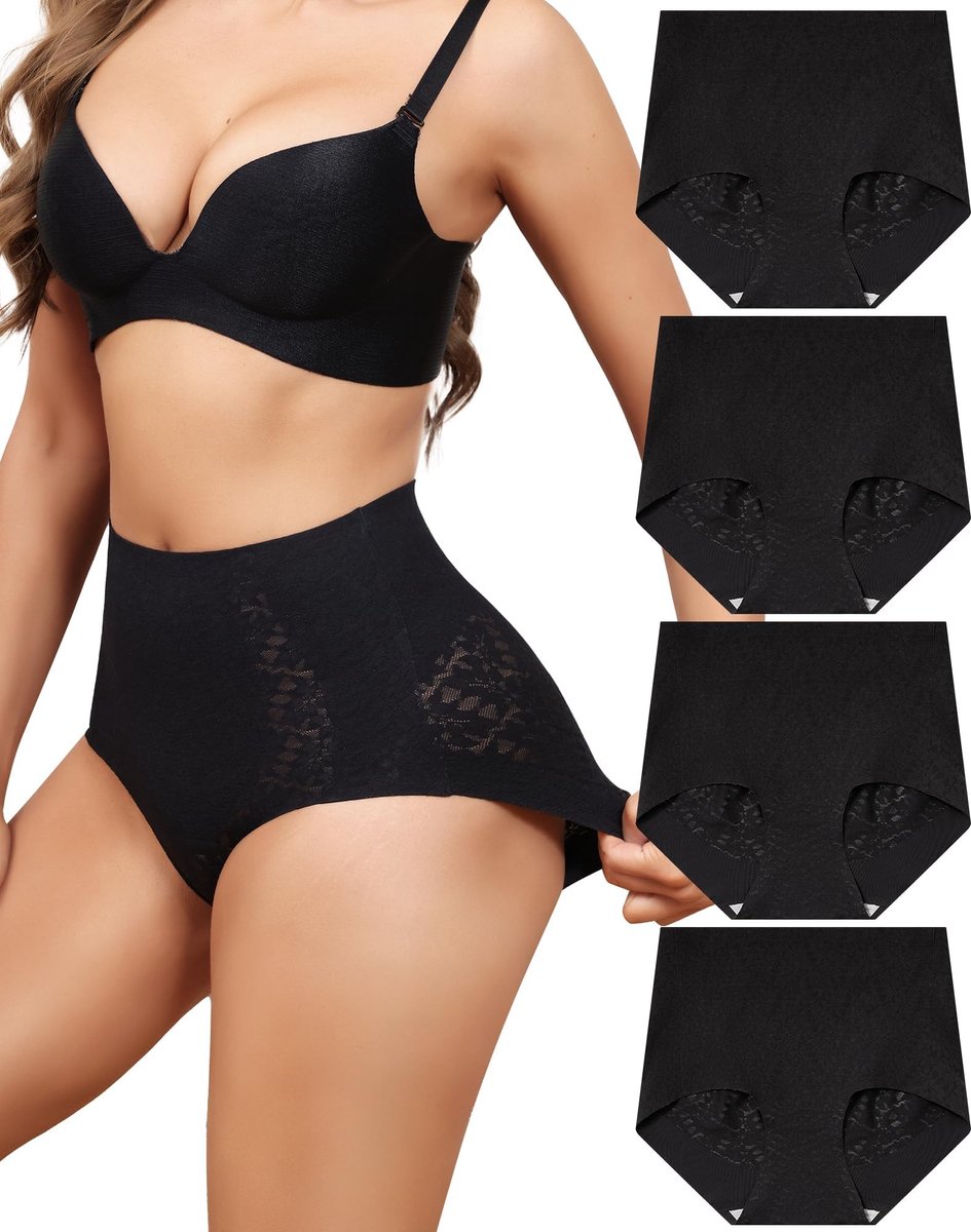Seamless Ondergoed Set van 4 - Hoge Taille, Zachte Kant, Zwart