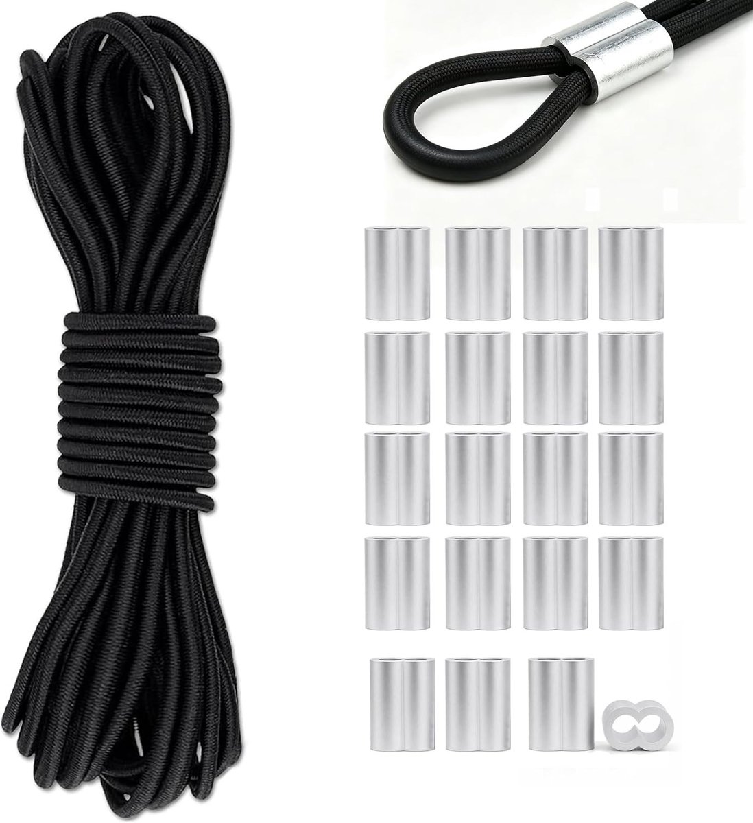 Elastische Rubberkoord 15 m x 4 mm met 20 Clips - Sterke Stretchkoord voor Zeil, Tent en Bannergebruik