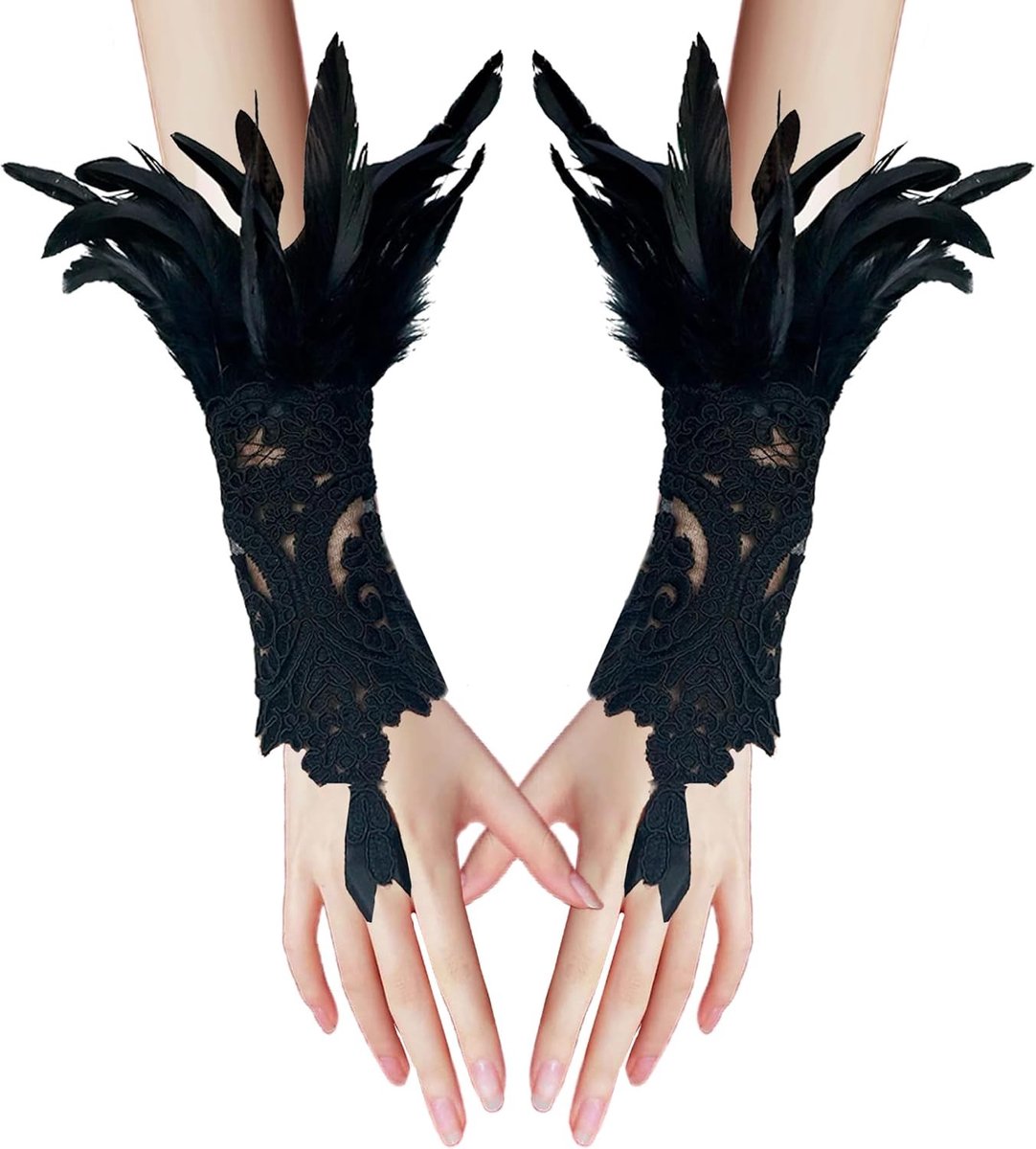 Feestelijke Vederhandschoenen voor Dames, Retro Kanten Vingers, Goth Stijl, Perfect voor Halloween, Kostuums en Feestjes