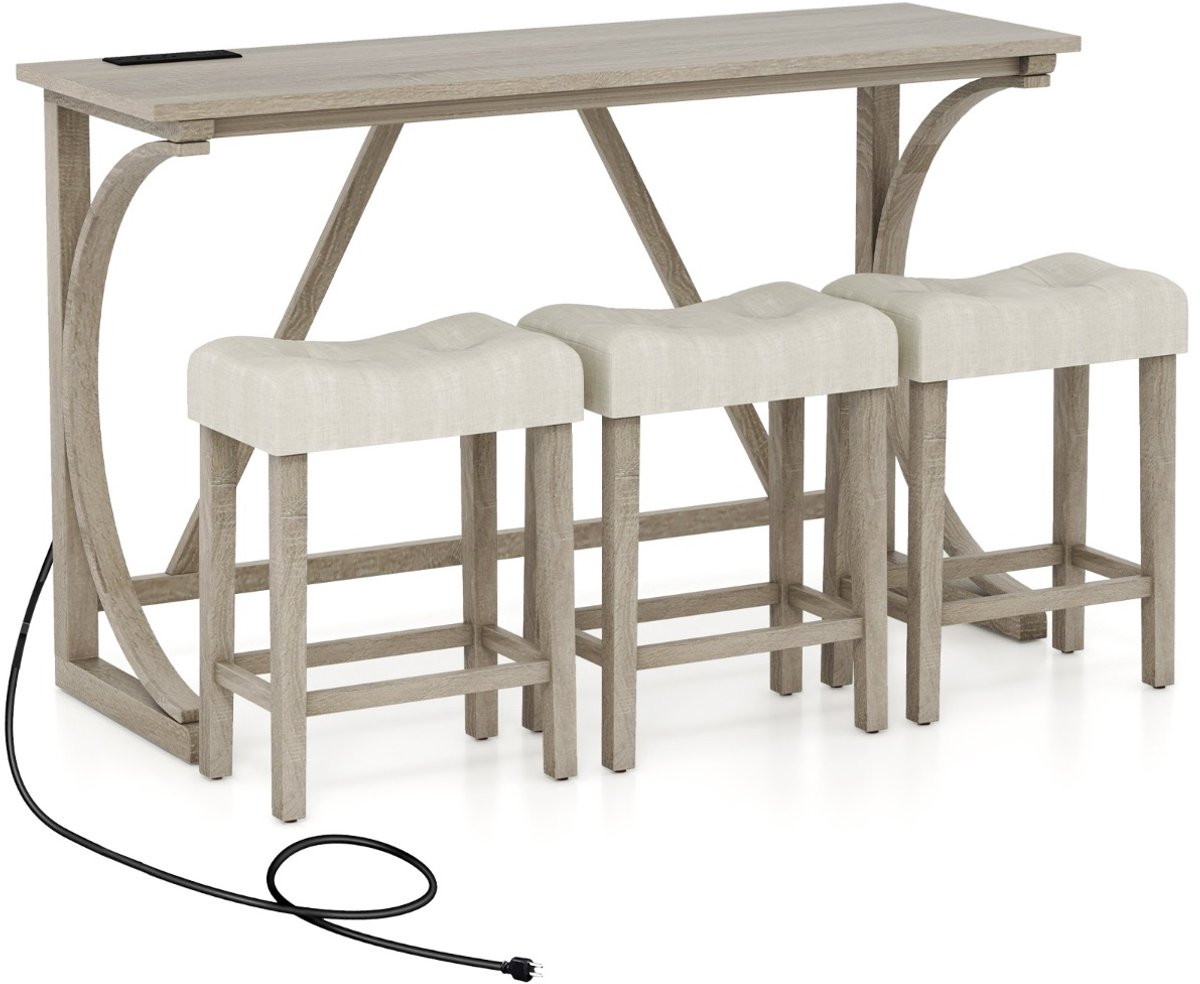 SureDeal® - Eettafel - Bartafel - Barkruk Persoons Statafelset - Stopcontacten - USB Poorten Eetgroep - Massief hout - 150x48x92 cm - Grijs