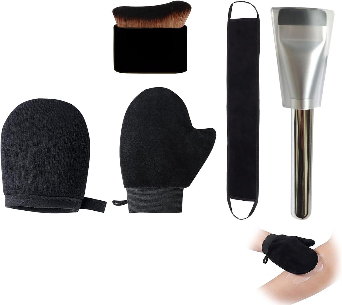 Set van 5 herbruikbare zelfbruiningsapplicators met handschoen, rugapplicator en kwast voor lotions en oliën, ideaal voor een gelijkmatige bruining en gebruiksgemak