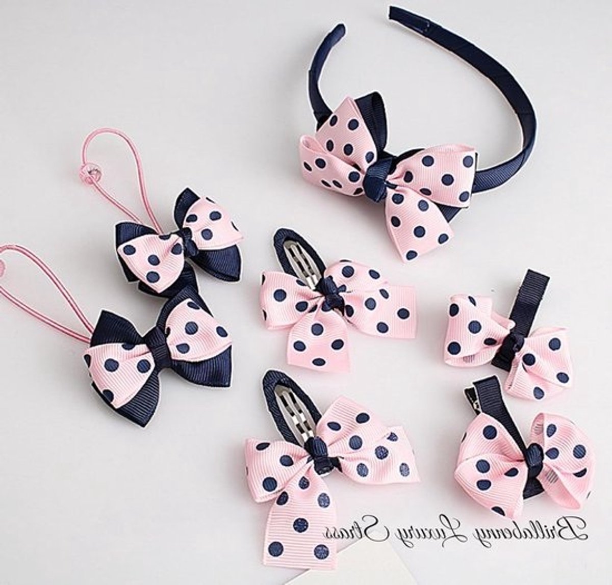 Haaraccessoires Set - Haarband Speldjes - Feestelijke Gelegenheden - 7 Delige Set - Één Maat - Roze Blauw Stippen