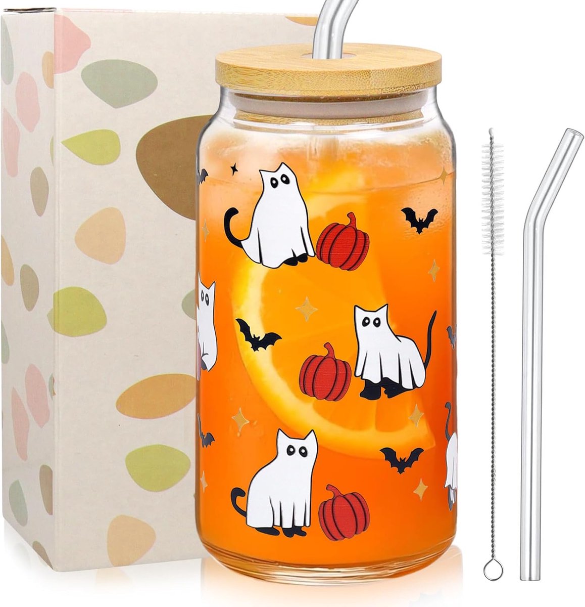 Halloween Glazen Beker - 500 ml Drinkbeker met Deksel en Rietje - Voor Koffie, Thee en Feestdrankjes - Incl. Rietborstel - Kat