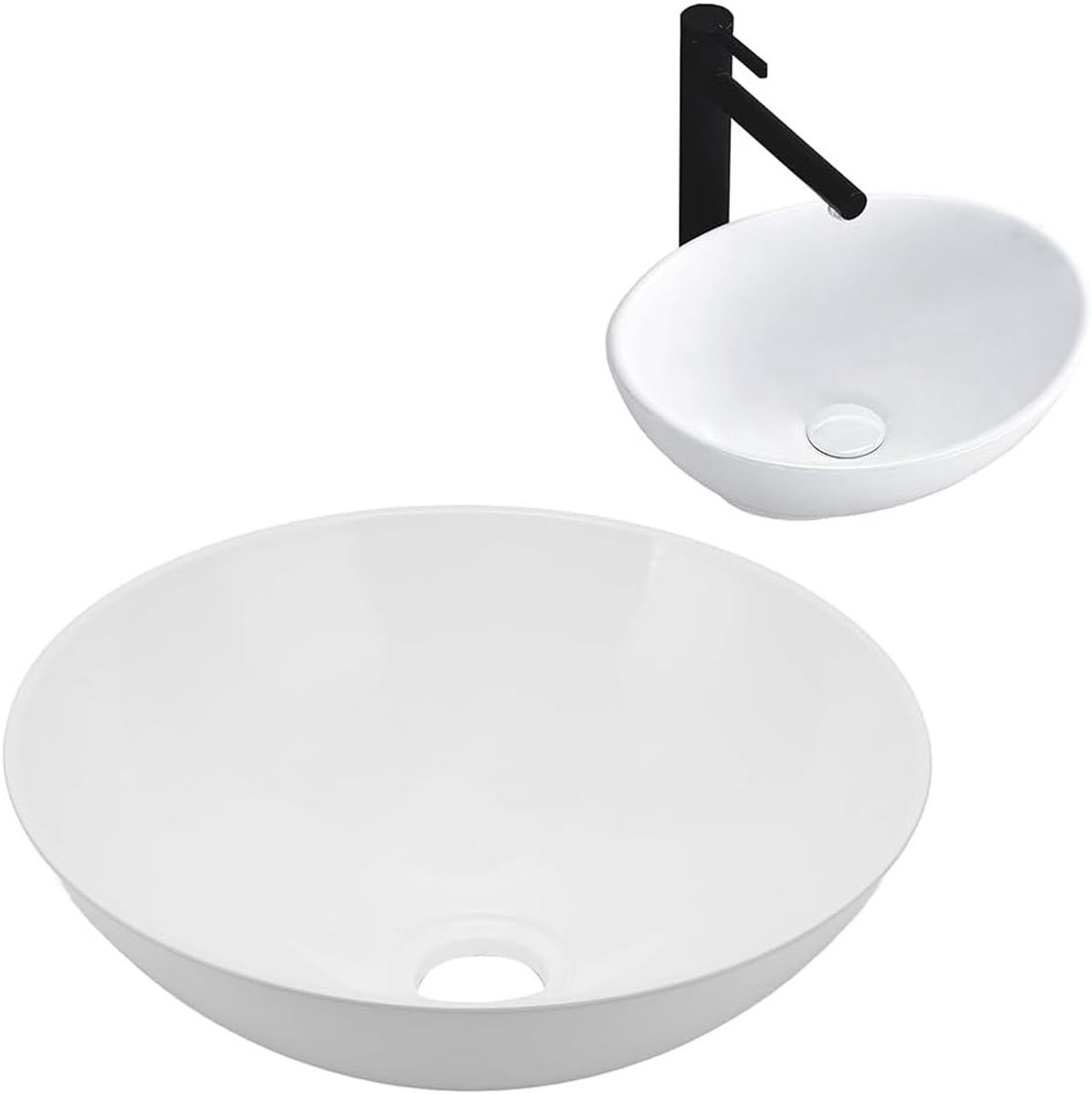 Moderne ronde witte wastafel van acryl voor badkamer, 327,6 mm diameter, 129,1 mm diepte, geschikt voor ijdelheid en met 2 inch afvoergat