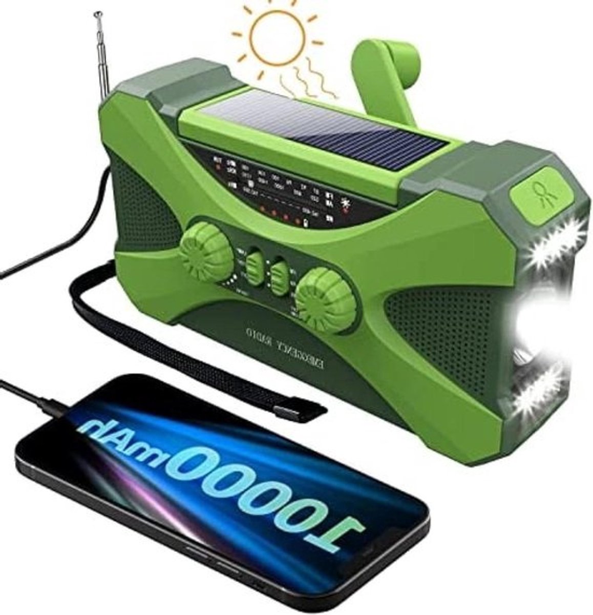 Noodradio met Sl zwengel - Opwindbare radio Zaklamp - Noodsituaties Voorbereiding - 10000mAh Batterij - 410 g - Groen