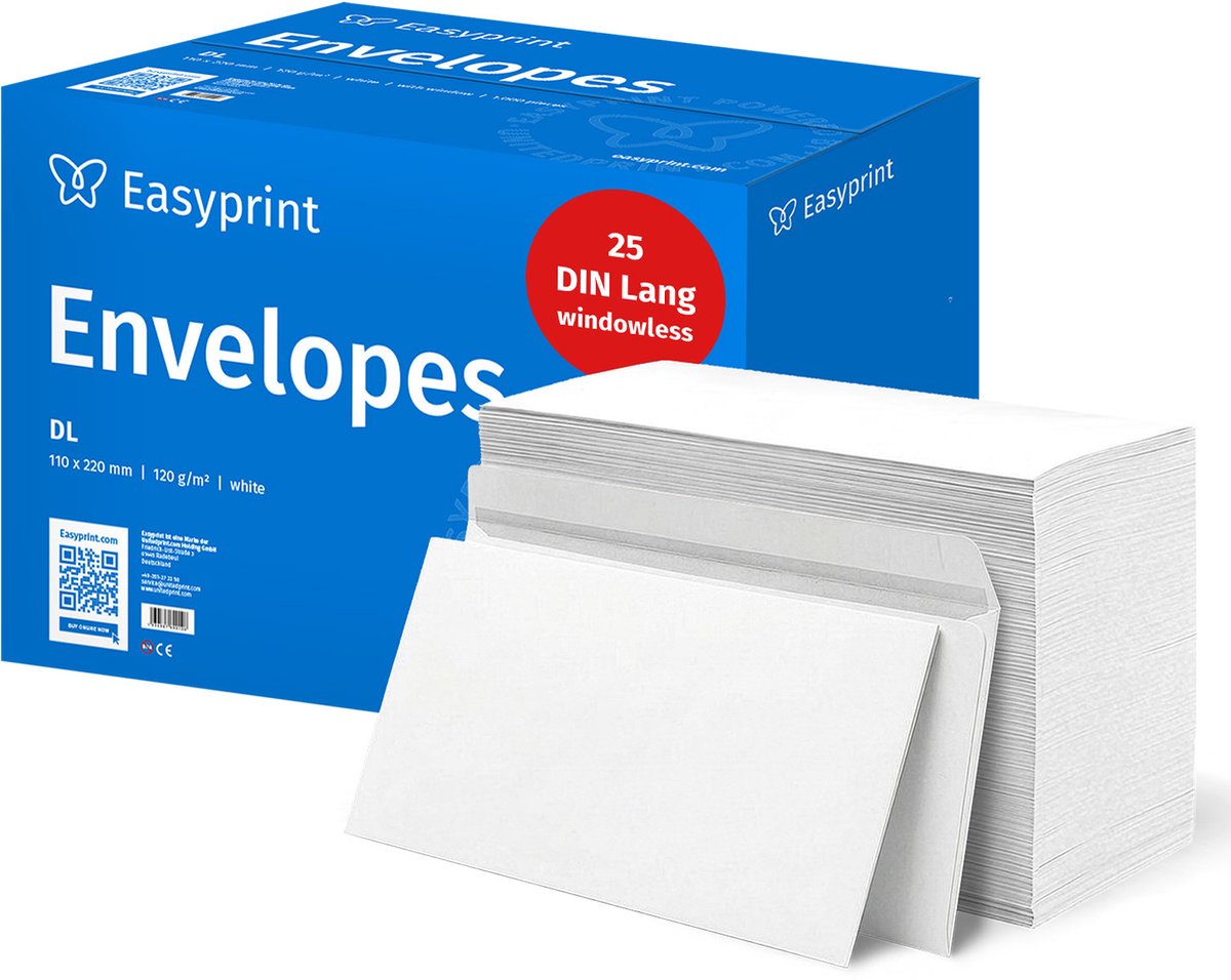 NIEUW: Easyprint Enveloppen zonder venster, DIN Lang, onbedrukt, 25 stuks