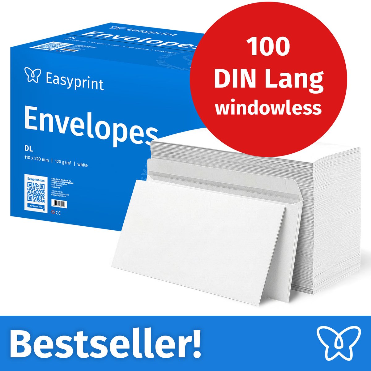 NIEUW: Easyprint Enveloppen zonder venster, DIN Lang, onbedrukt, 100 stuks