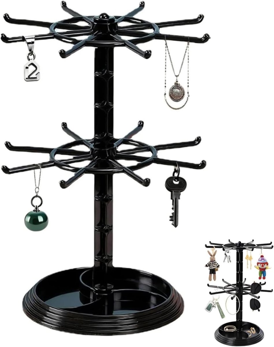 Multifunctionele draaistandaard met 2 niveaus voor het tentoonstellen en organiseren van sieraden, kettingen, armbanden, ringen en oorbellen. Perfect voor sieradenopslag en -presentatie.