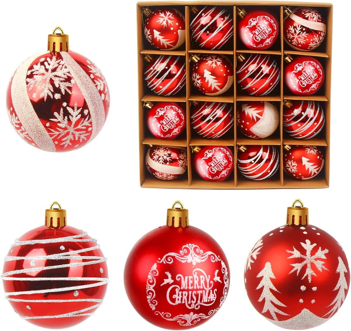Set van 16 kerstballen van 6 cm, rode en witte kerstdecoratie voor het versieren van kerstbomen, ramen en feestelijke gelegenheden, zowel binnen als buiten