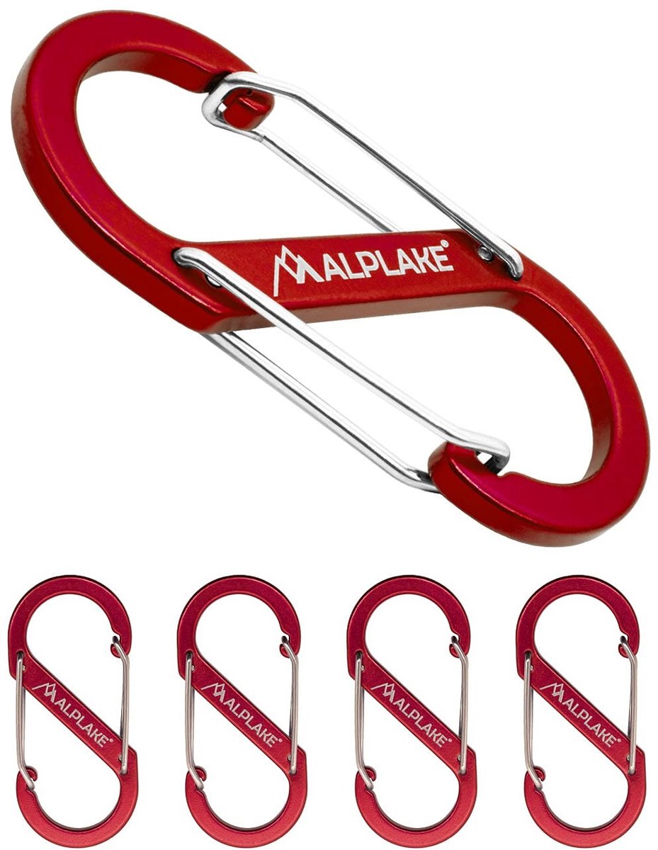 Set van 4 Aluminium Carabiners - Dubbele Micro S-vorm - Rood