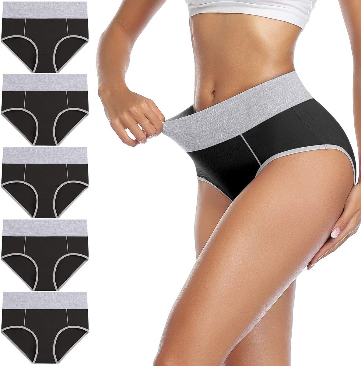 Dames Katoenen Hoog Taille Ondergoed - Zwart - 5 Stuks