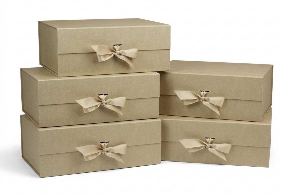 Kraft platte magnetische geschenkdoos met lint - 28,2 x 20,2 x 9,2 cm - set van 5