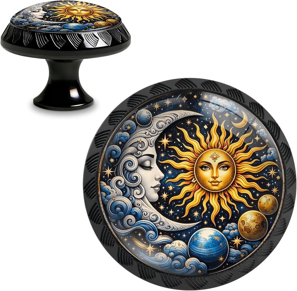 Vintage Hemelse Zon en Maan Kastknoppen - 4 Stuks Acryl Ladegrepen, Retro Sterrenhemel en Planeet Decoratieve Knoppen voor Dressoir, Keuken en Kastdeuren