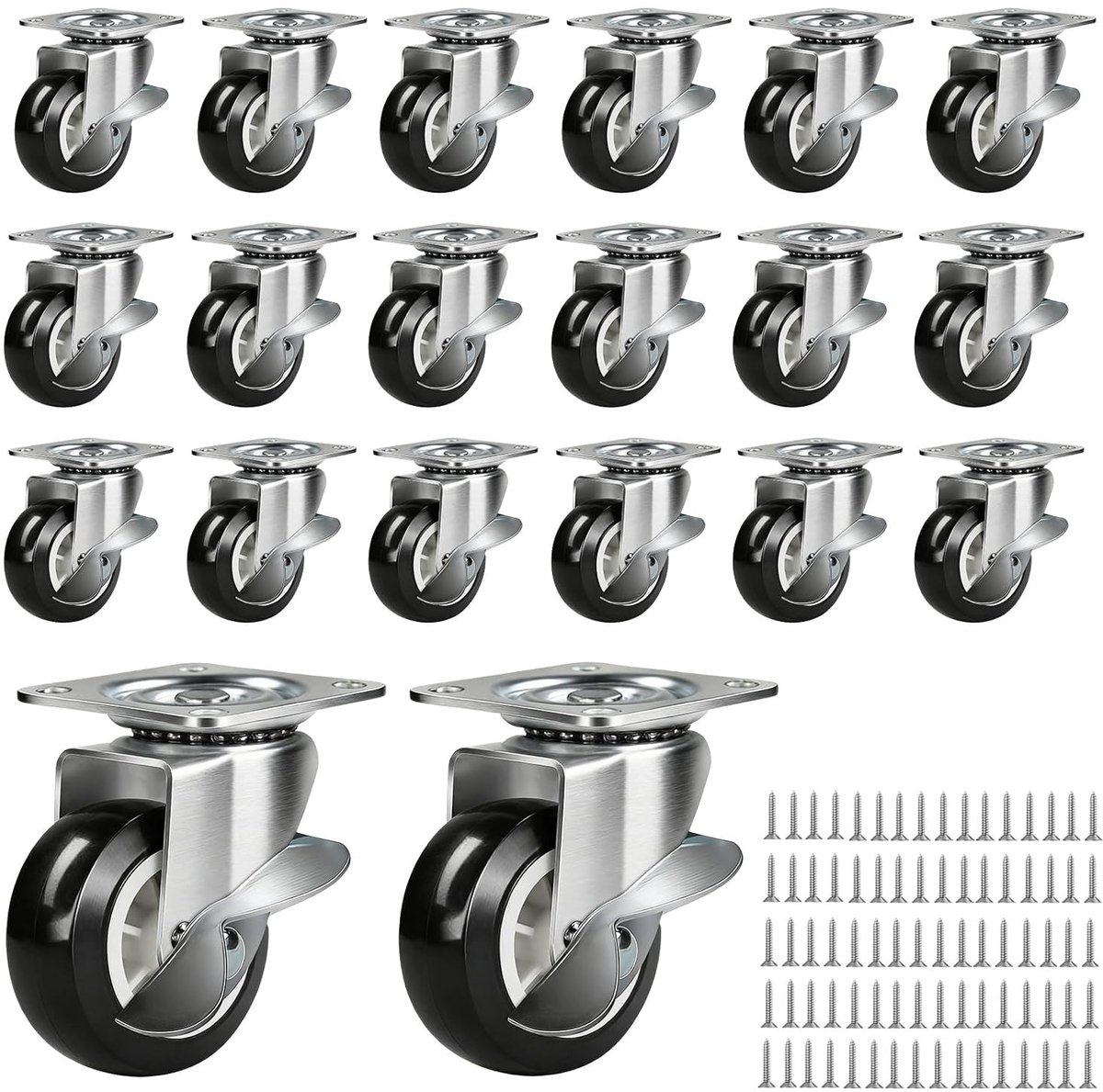20 Stuks Meubelwielen 25mm met Rem, Perfect voor Meubels, Kasten en Tafels, Inclusief Schroeven