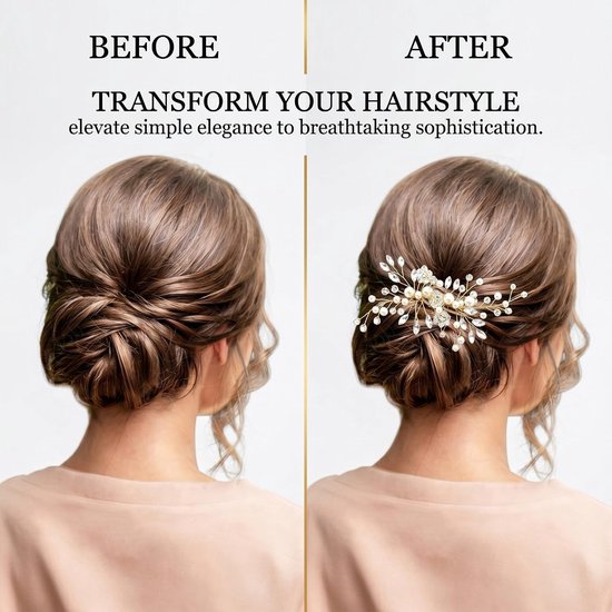 Gouden kam met parels, kristallen en bloemen: elegant haarsieraad voor bruiloft, feest en speciale gelegenheden. — afbeelding 3