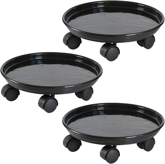 Set van 3 Mobiele Plantrollers met Universele Wielen voor Bloempotten - Ideaal voor Binnen en Buiten, Draagvermogen tot 50kg, 30cm, Zwart
