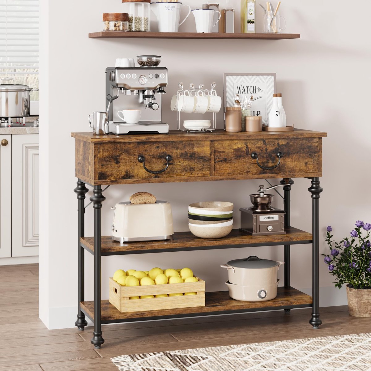 Danky Industriële Sidetable 100 cm - Smalle Consoletafel met 2 Laden & 2 Open Planken - Wandtafel voor Gang & Woonkamer - Vintage Houtlook - Zwart & Bruin