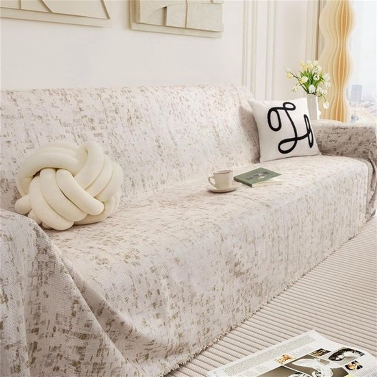 Bankovertrek Plaid - Decoratieve Deken - Meubels Beschermen - Vintage Bloemenpatroon - 180x340cm - Beige