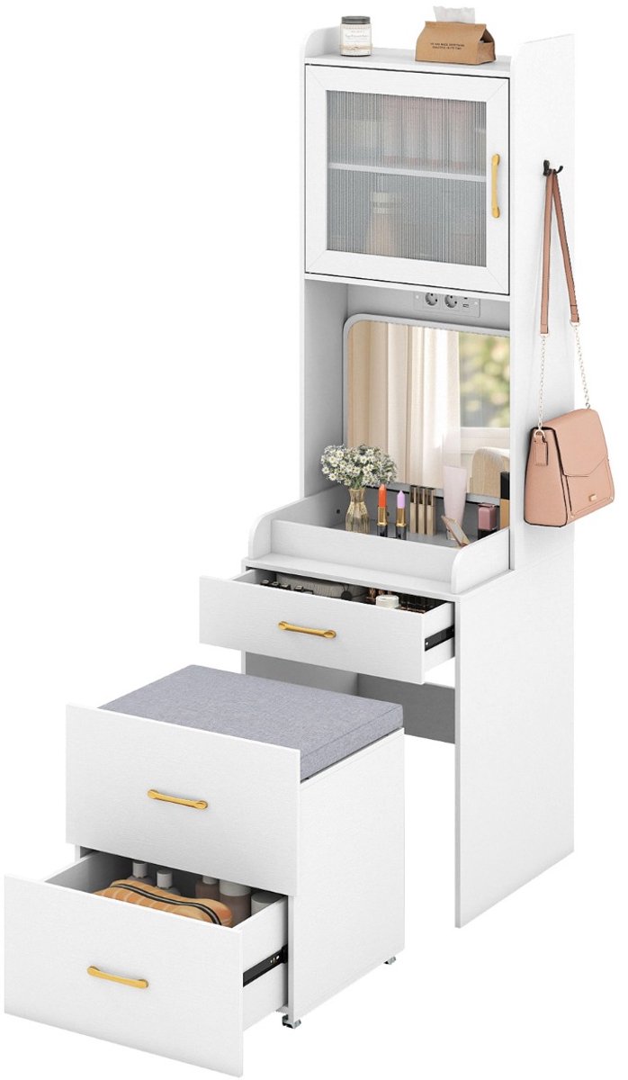 SureDeal® - Kaptafel - Kaptafel - Inklapbare Spiegel Ruimtebesparende - Verrijdbaar Opbergkrukje Verstelbare - 52x51x175 cm - Wit