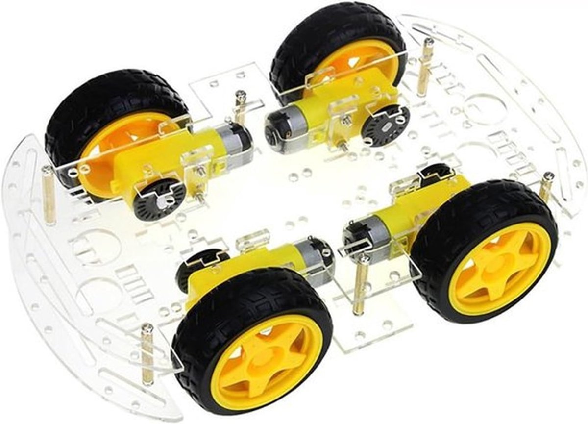 Robotauto chassis kit met 4 DC-motoren voor 4WD, eenvoudig te monteren en ideaal voor educatieve lessen over robotica en techniek.