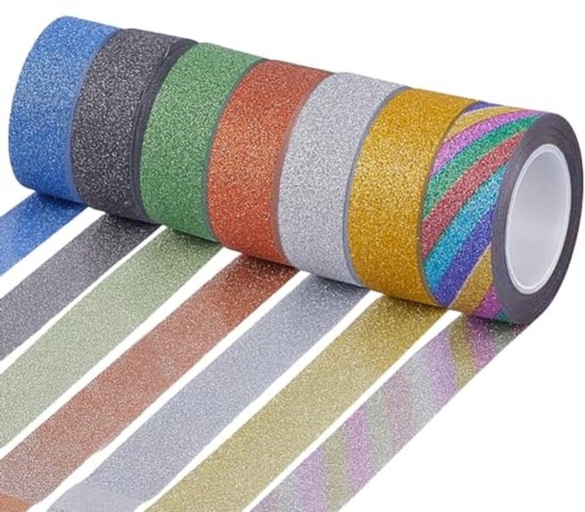 Glitter Tape 70m - 7 Rollen - 15mm - Kleur: Goud, Zwart, Groen, Zilver, Blauw, Oranje