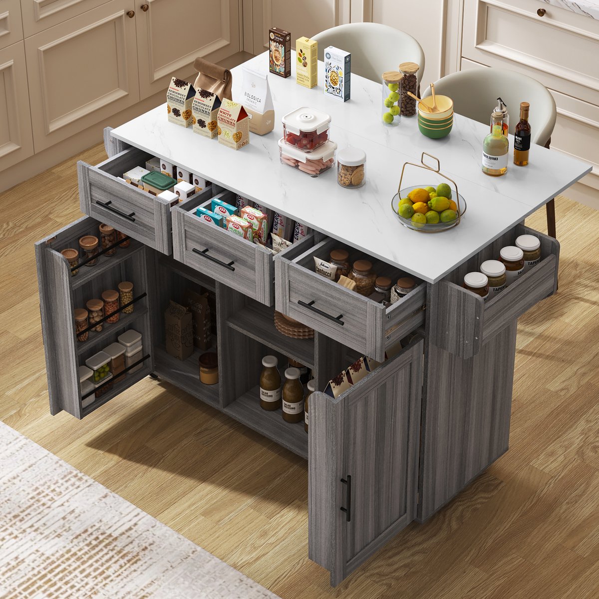 Clruro Keukenwagen - 139 x 46-71 x 91,5 cm - Klapblad en 3 Laden - Spaanplaat - Grijs/Wit Marmer