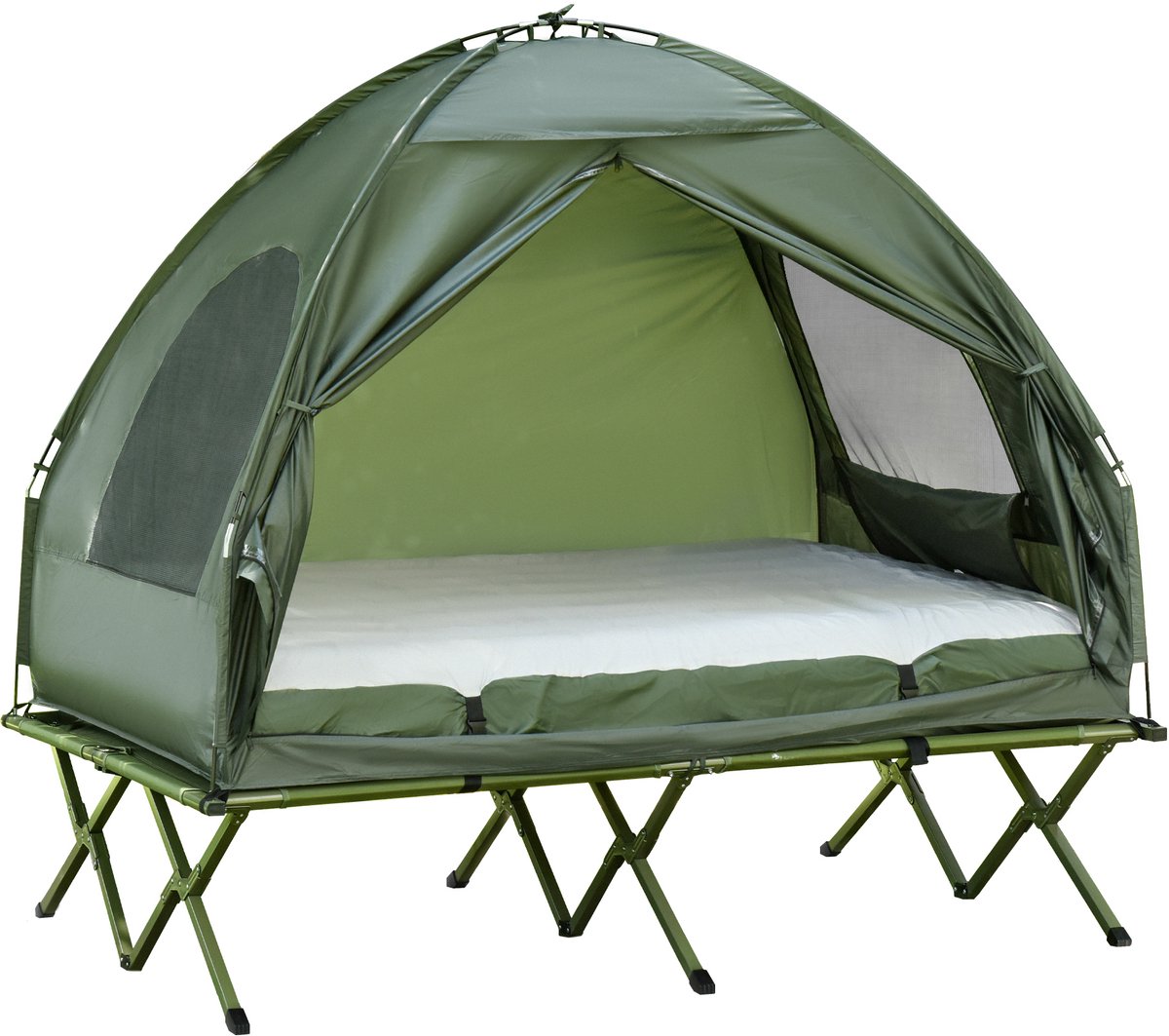 Kampeertentset voor 2 personen met veldbed en luchtmatras-groen