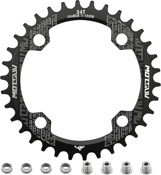 Zwart fietskettingblad met "MOTSUV" logo, "34T 104BCD 7-12SPD" tekst en set bouten.
