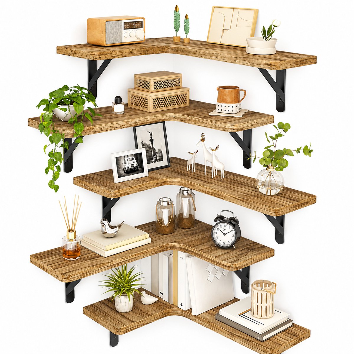 Brandistry - Rustieke Hoek Wandplank - Zwevende Hoek Wandplank - Planken Voor In De Hoek - Rustieke Houten Planken - Donker Khaki