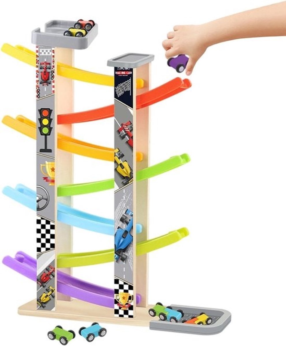 Houten Racebaan - Autobaan Speelgoed - Kinderen Leren Spelen - 7-Laags Helling - 44 x 13 x 8 cm - Multicolor