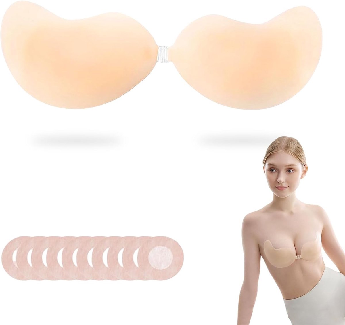 Ultra Dun Strappy Silicone Push Up Bh voor Vrouwen, Onzichtbare Kleefbh met 5 Paar Tepelcovers, Ideaal voor Onder Jurken en Tops, Off-white, XL
