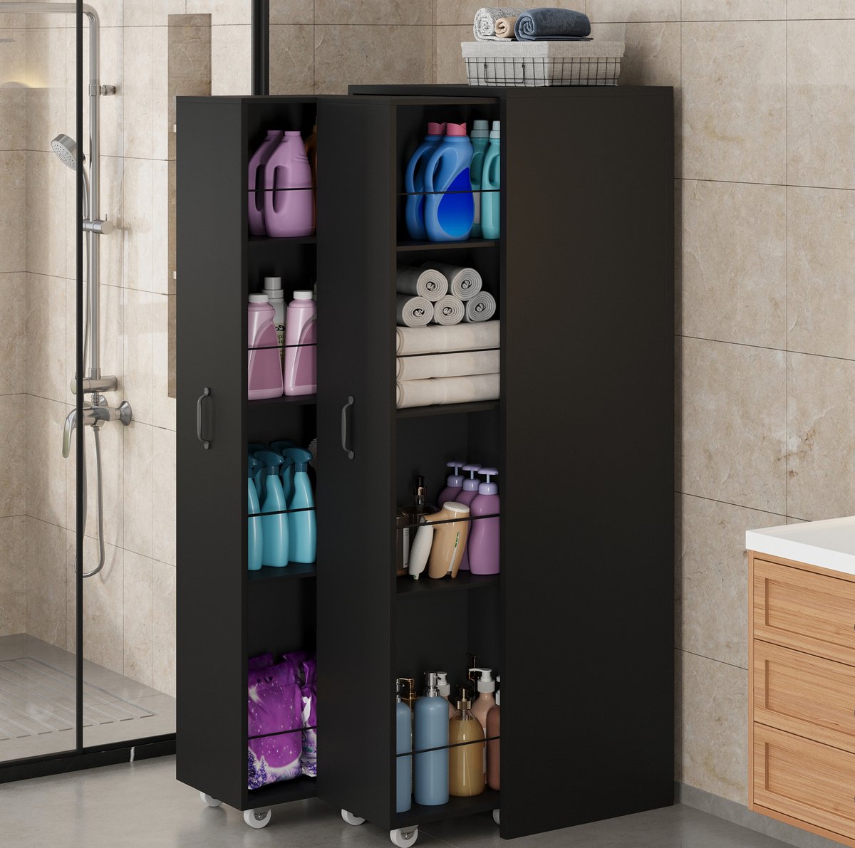 FloraGrace Boekenkast - Uitschuifbaar Met Wielen En 2 Modules - Voor Woonkamer Badkamer Of Keuken - MDF - 51,5x41x158 Cm - Zwart